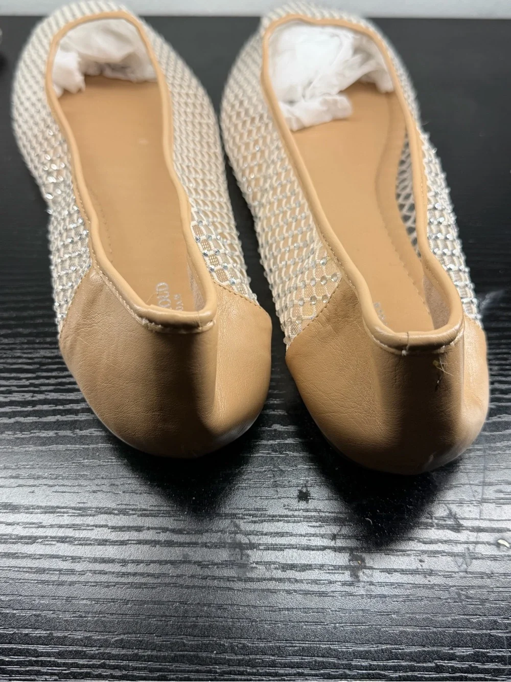 Women's Beige Mesh Ballet Flats with Rhinestone Accent
